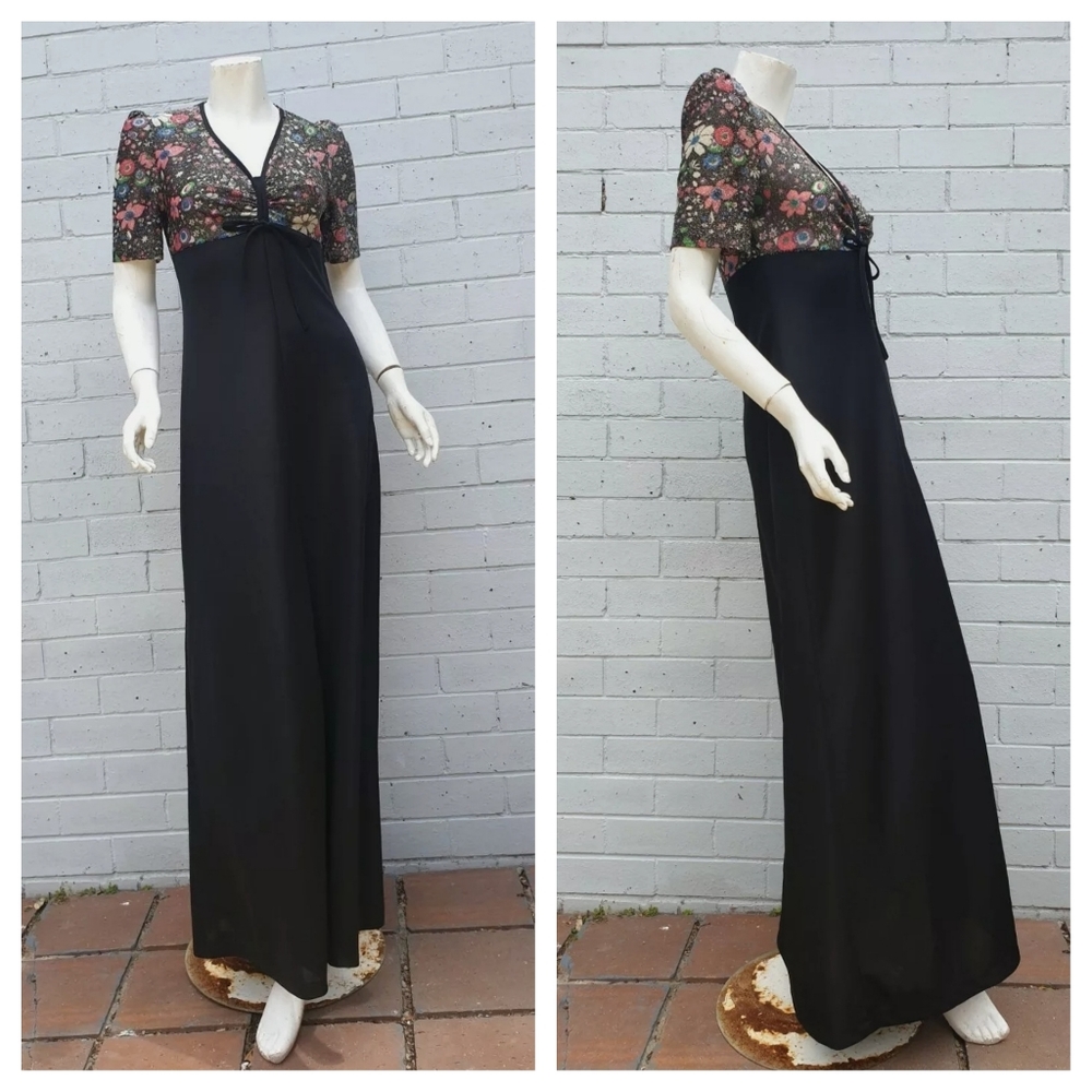 VTG 1970s Lurex Lame Metallic Floral Print Bow Maxi Cocktail Gown Dress Small 8 - Picture 2 of 9